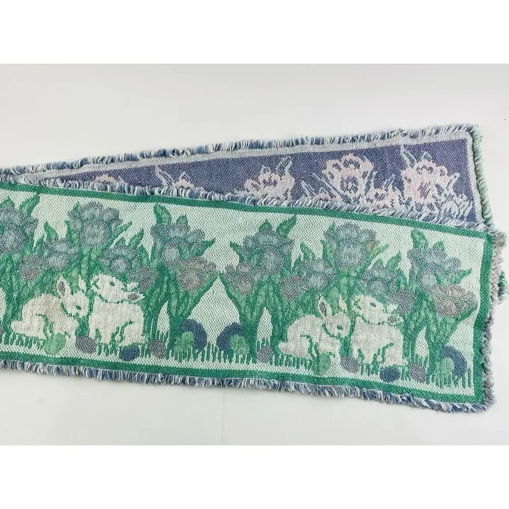 Bunnies Tulips Tapestry Folk Art Table Runner Easter Woven Spring Purple Green P